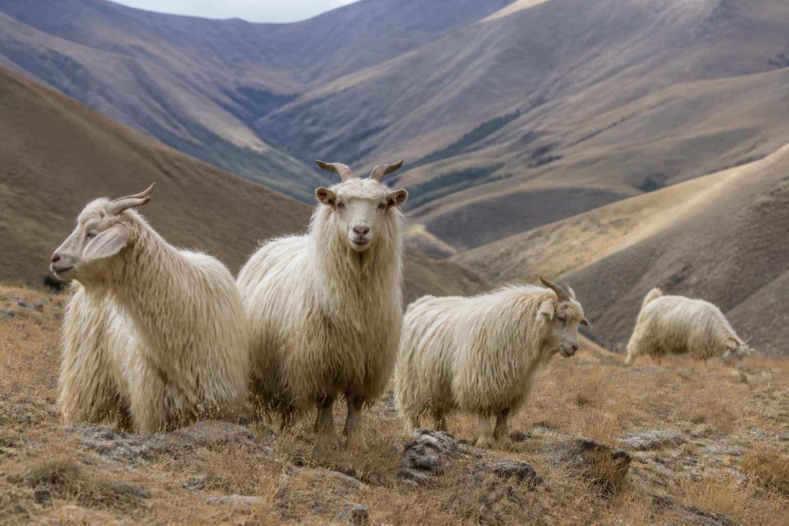 Cashmere goats on highland terrain, goat fiber origin for premium knitwear programs