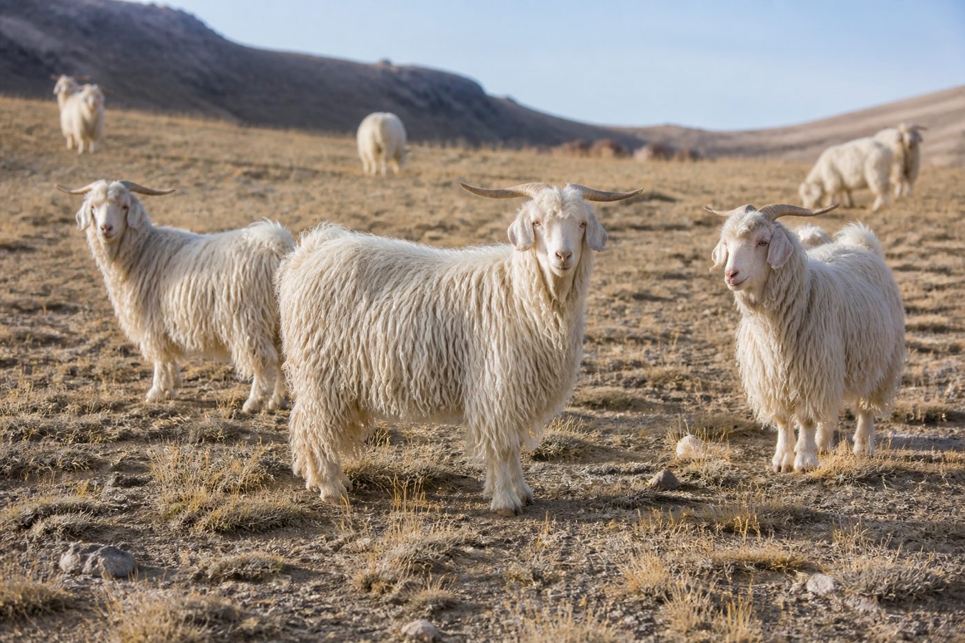 Angora goats with long mohair fleece on hillside, mohair fiber origin for textured knit programs