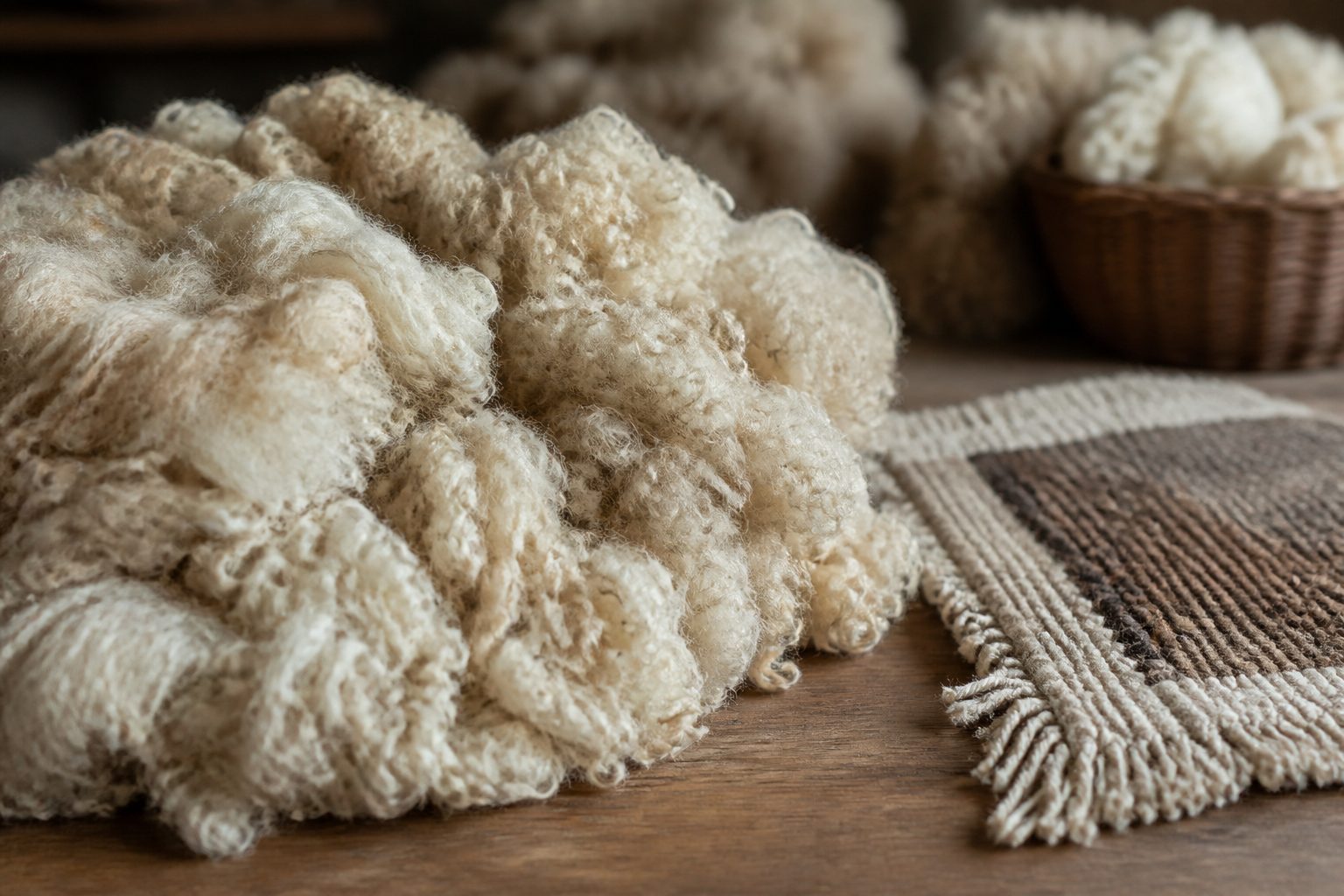 Raw sheep wool fleece prepared for rug yarn beside a woven rug swatch