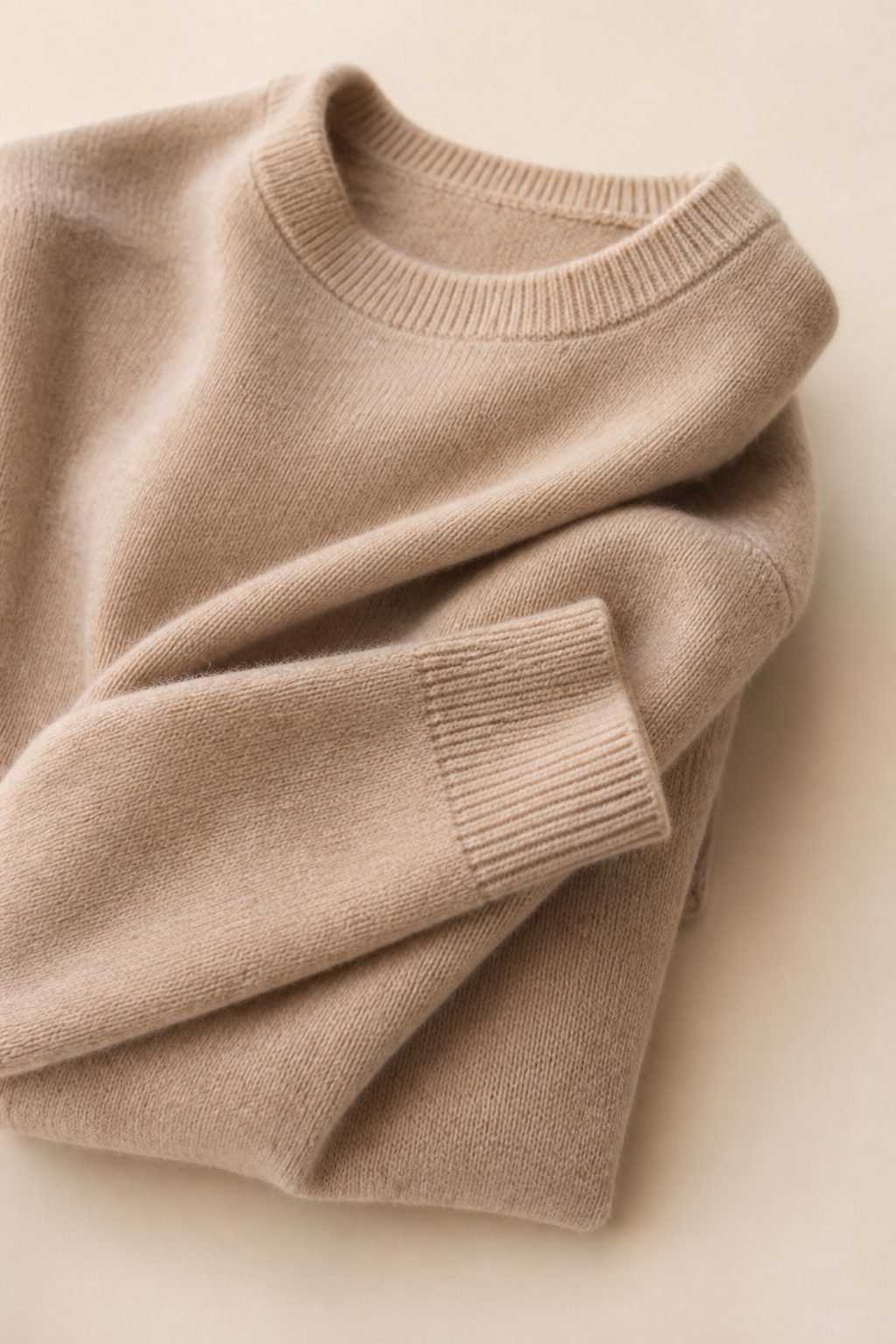 Soft beige cashmere sweater showing premium knitwear from cashmere fiber
