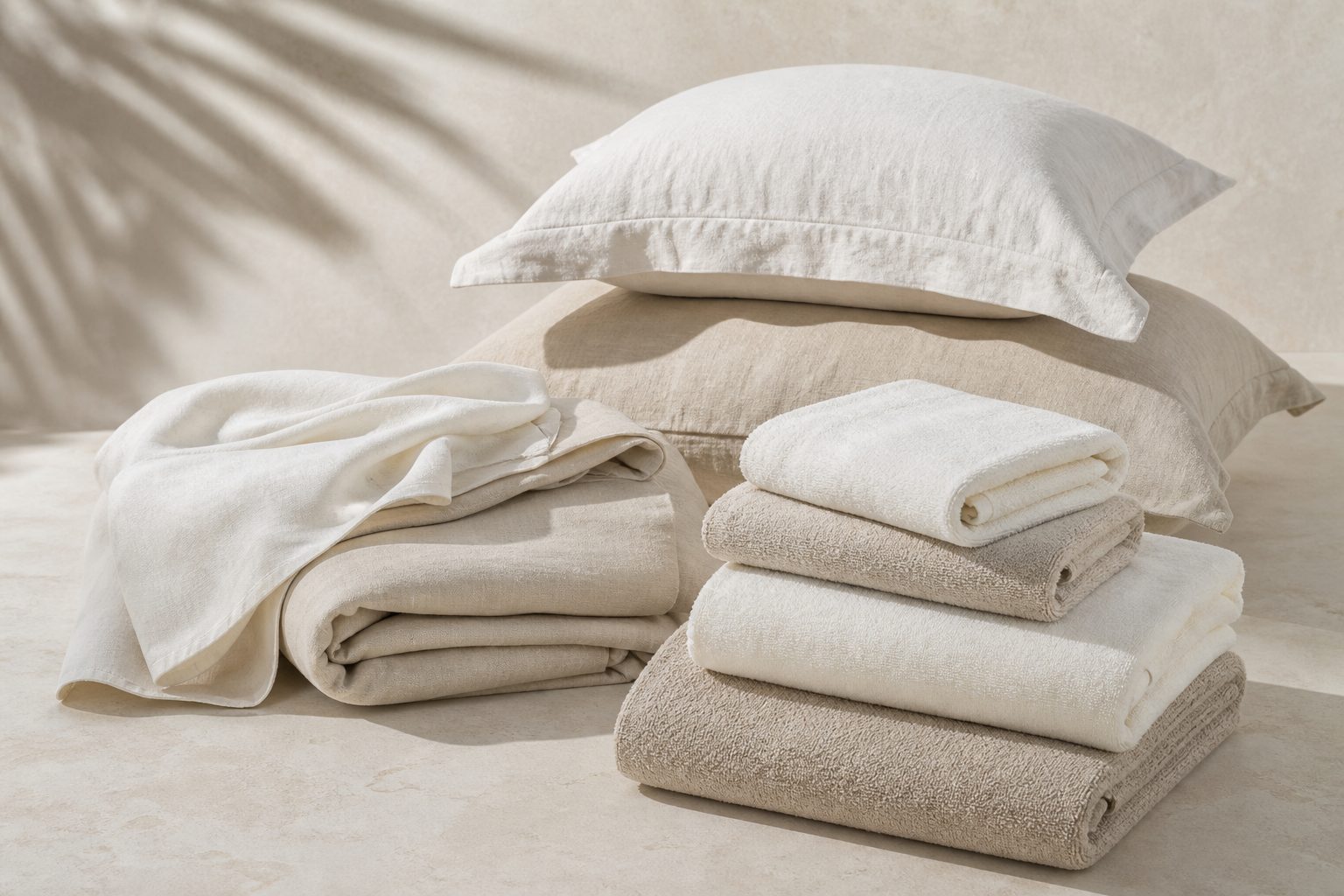 Folded linen bedding, pillows, and towels for private label home textile collections