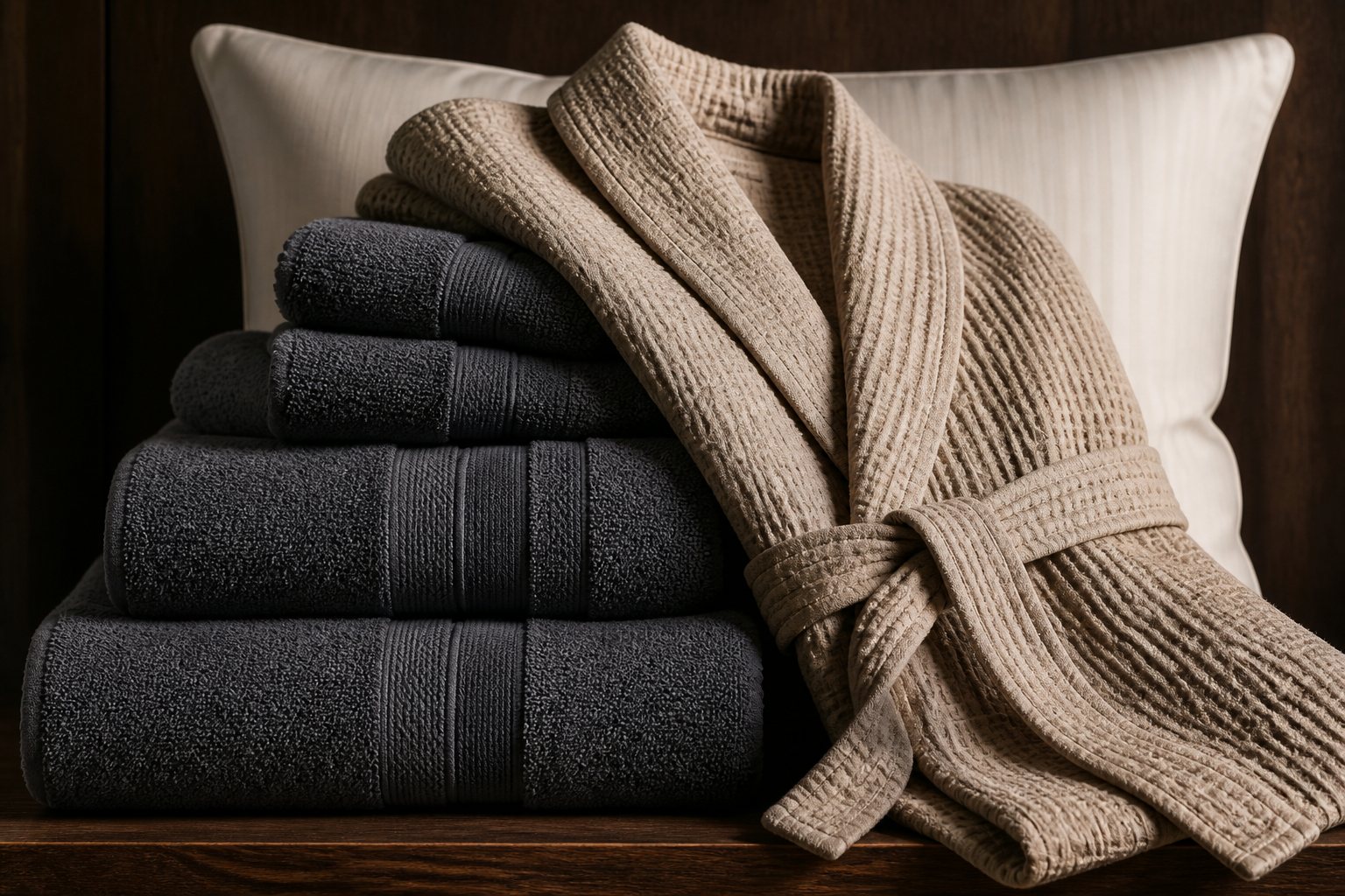 Charcoal hospitality towels and sand waffle robe on walnut for branded private label guest textile programs