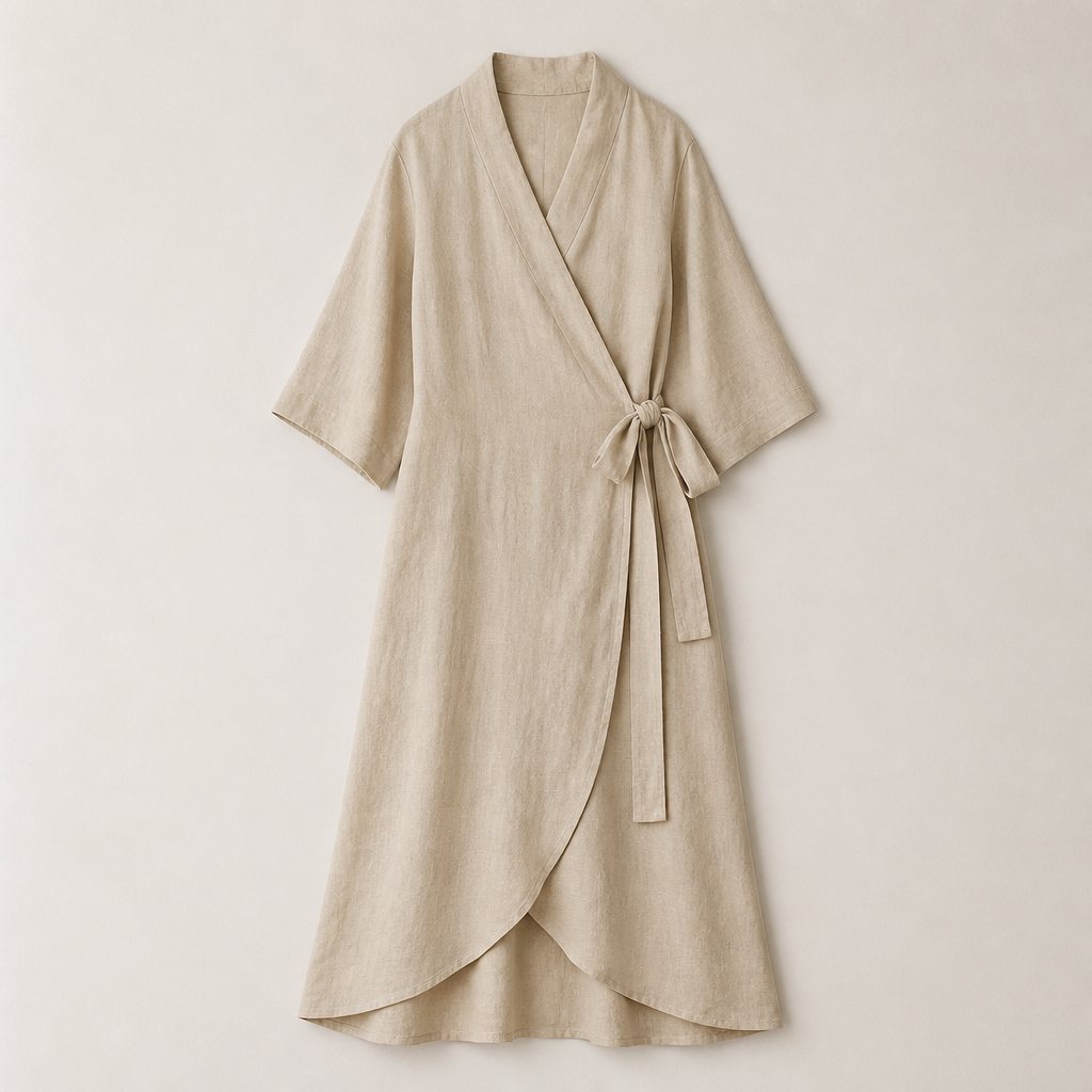 Sand linen wrap dress fully visible showing breathable apparel outcome from linen programs