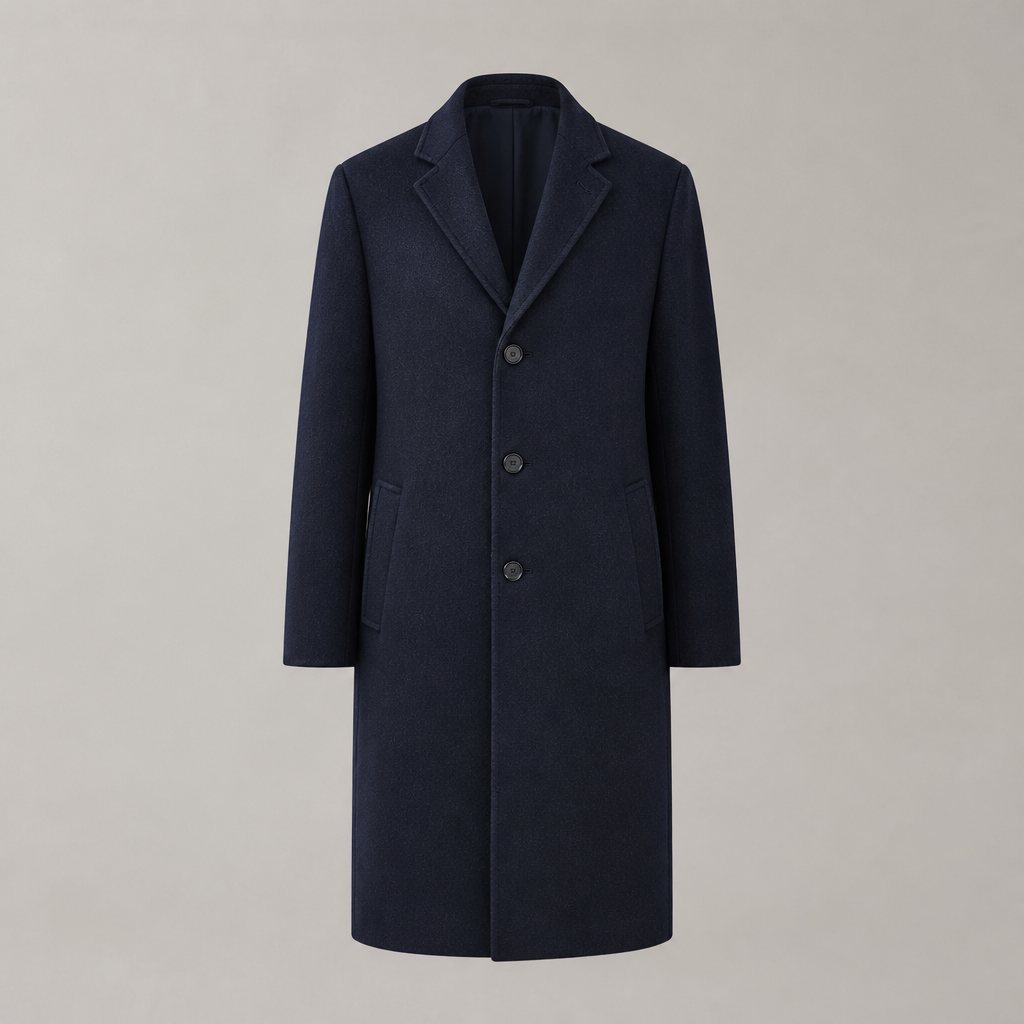 Full navy wool overcoat silhouette for private label outerwear programs